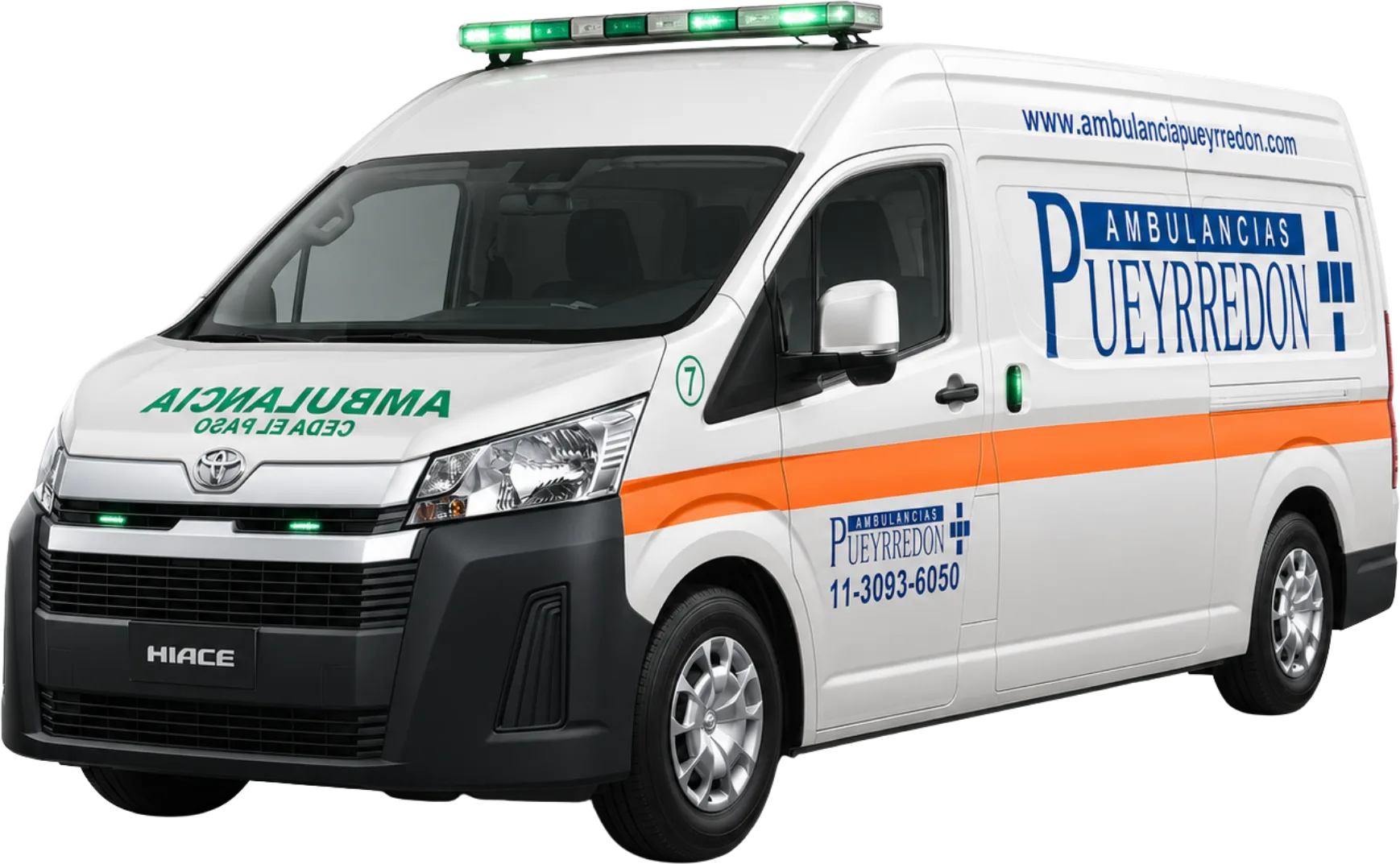 Ambulancia Toyota Hiace de Ambulancias Pueyrredón con balizas verdes encendidas
